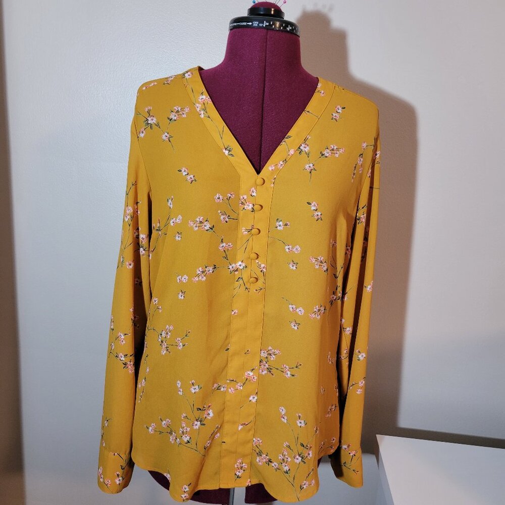 Express, Women's, Floral Blouse, Mustard, Medium